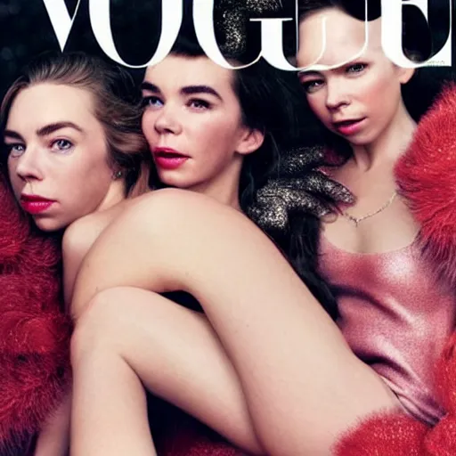Image similar to stunning vogue magazine photo of dark - haired goddesses vanessa kirby, hailee steinfeld, and bjork smiling, legs intertwined, laying back on the bed, with wet faces!!, wet lips, smooth skin, perfect eyes, insanely detailed, elegant, by wlop, rutkowski, livia prima, mucha, wlop,