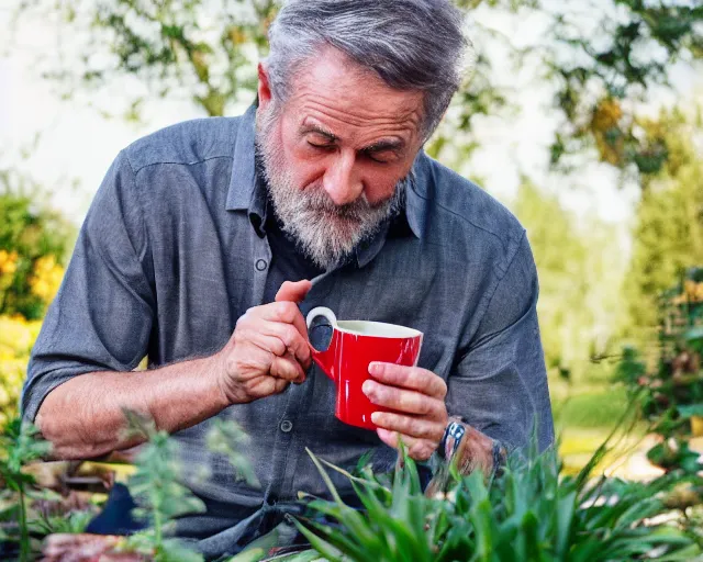 Image similar to mr robert is drinking fresh tea and meditate in a garden from spiral mug, detailed calm face, grey short beard, golden hour, red elegant shirt