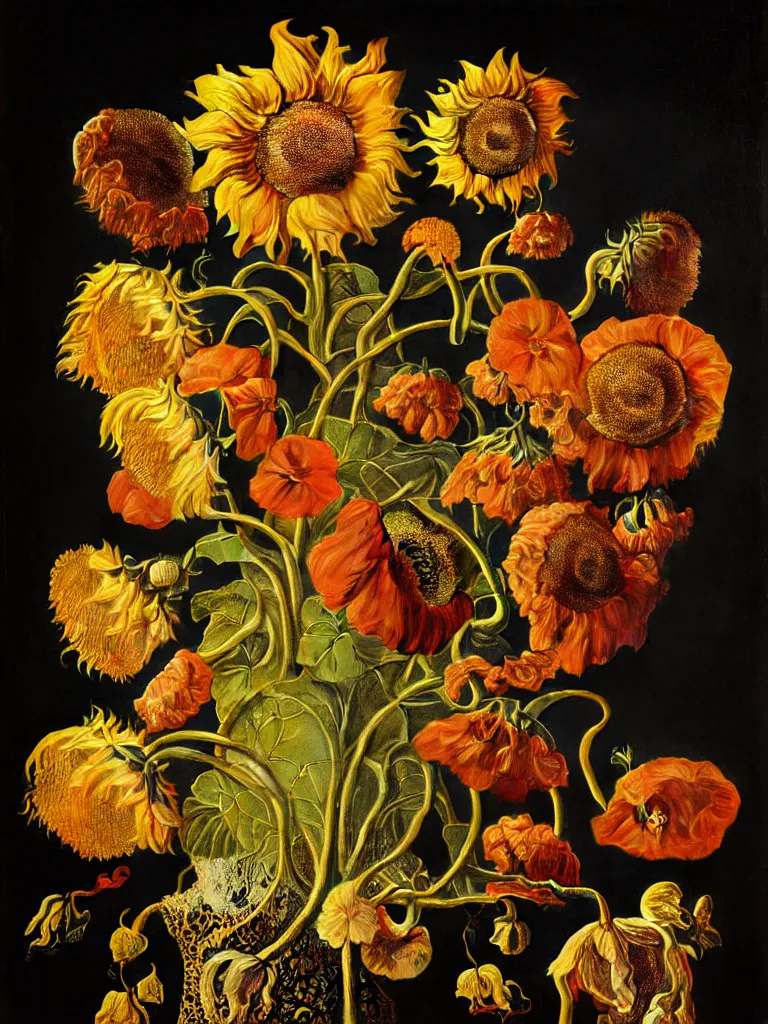 Prompt: dutch golden age bizarre sunflower portrait made from flower floral still life with very detailed nasturtium vines disturbing fractal forms sprouting up everywhere by rachel ruysch black background chiaroscuro dramatic lighting perfect composition high definition 8 k oil painting with black background by christian rex van dali todd schorr of a chiaroscuro portrait recursive masterpiece obscuring features lighting perfect composition