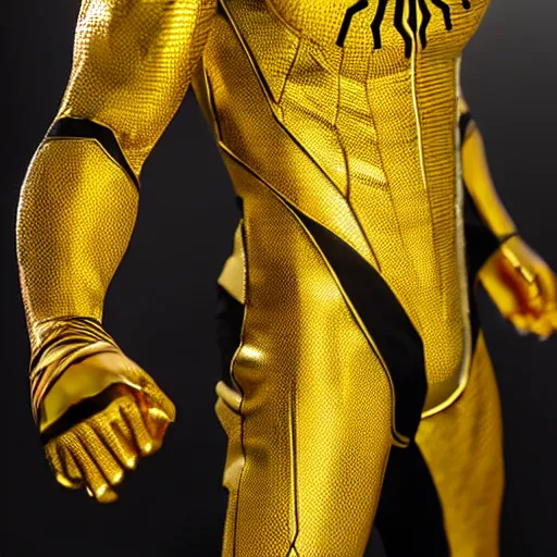 Image similar to gold spider - man suit with black web lining, cinematic, volumetric lighting, realistic, hyperdetailed, photorealistic, photograph