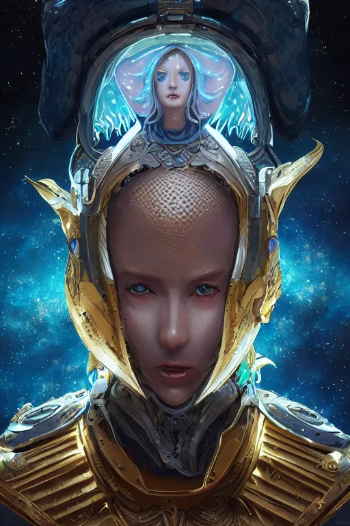 Image similar to a Portrait of a space dragon, third person, D&D, sci-fi fantasy, intricate, blue and gold, highly detailed , art by Range Murata, rim lighting, highly detailed, 3d, octane render, bright colors, digital painting, trending on artstation, sharp focus, illustration style of Stanley Artgerm,