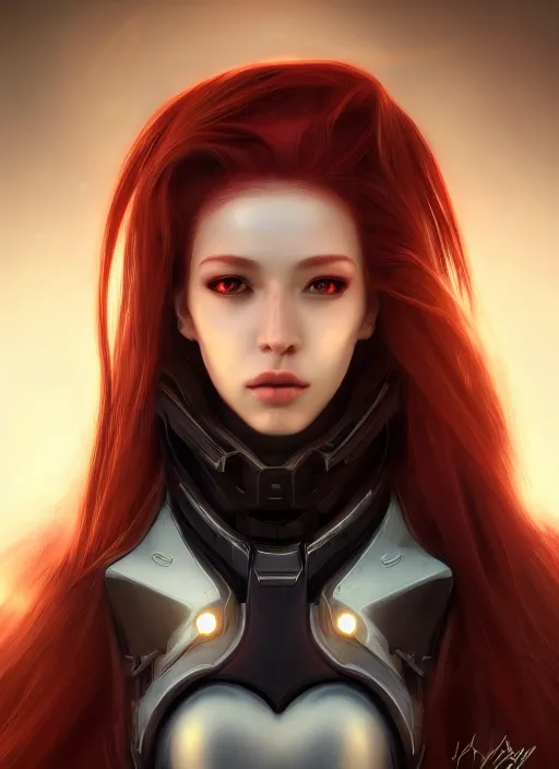 Image similar to detailed portrait of perfect deep red haired girl, android, warframe armor, beautiful, pretty face, yellow cyborg eyes, innocent, scifi, 4 k, sun yunjoo, ultra realistic, aura of light, cinematic lighting, highly detailed, sharp focus, artstation, masterpiece, art by hyungjin yang