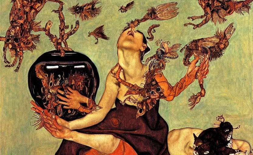 Prompt: a painting of pandora opening her jar, releasing monsters and critters that impersonate sickness and death, misery, she is fully dressed, in the style of realism and a masterpiece by artemisia gentileschi and egon schiele, critters flying around, the jar is clearly visible