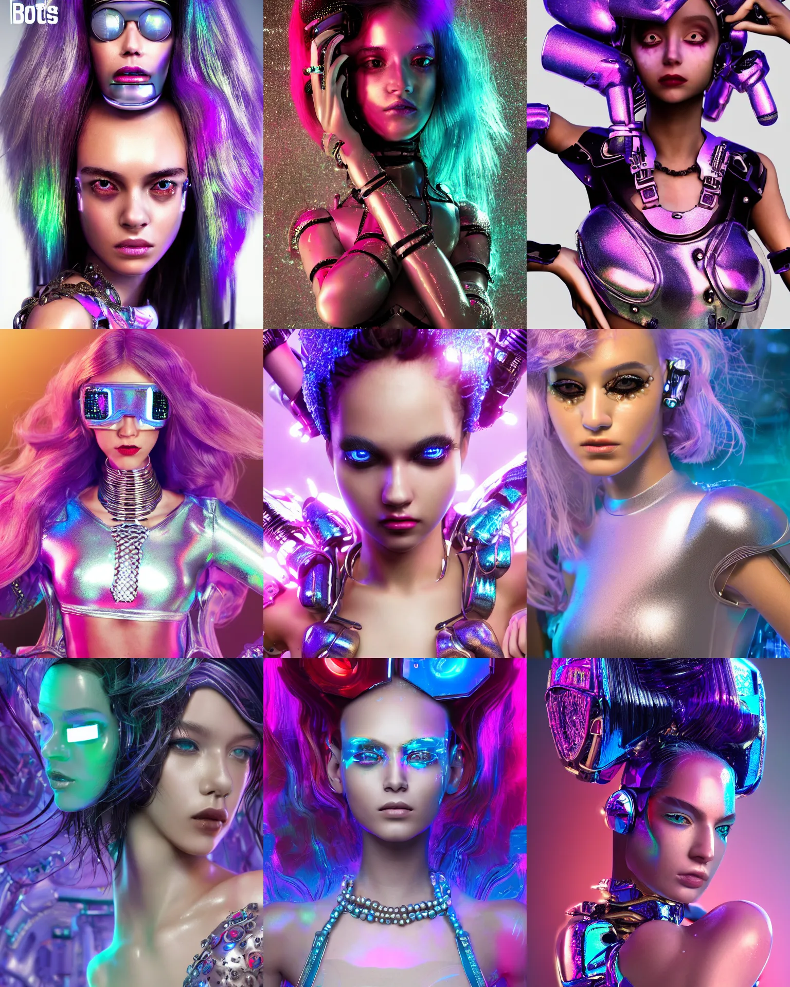 Prompt: BOTS magazine cover body portrait ::100 of a cute gorgeous pearlescent iridescent college teen cyborg on a crowded packed nyc sidewalk, high fashion photoshoot, elaborate hair worn up, intricate details, jewelry, rave outfit, ::80 octane render, volumetric lighting, trending on artstation, anime girl, ue5, sci-fi, science fiction, ::65 rossdraws, nixri, gui guimaraes, Greg rutkowski, ::75 Madison beer, ::95