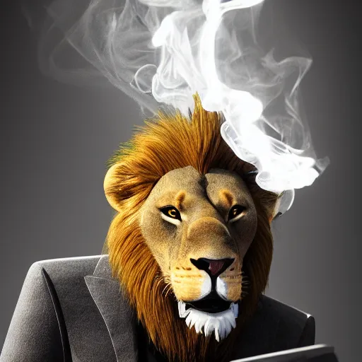 Image similar to a lion smoking a cigar wearing a suit, subject= lion, subject detail: wearing a suit, subject action: smoking a cigar, dramatic lighting, cinematic lighting, establishing shot, photorealistic, high details, cinematic, 8k resolution, extremly detailed, photorealistic, artstation, unreal engine