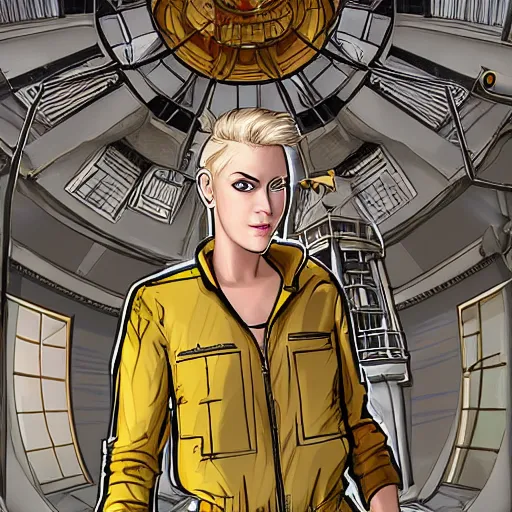 Prompt: character concept art, highly detailed, heroic stoic emotionless butch blond woman engineer in atompunk jumpsuit, standing inside dreamy ornate observatory with big brass telescope, science fiction, mike mignogna, digital art