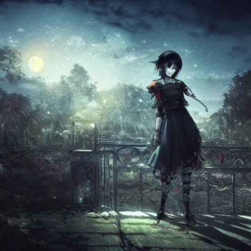 Prompt: goth woman in a moonlight view, tankoban, 4 k, tone mapping, akihiko yoshida, james jean andrei riabovitchev marc simonetti, yoshitaka amano, long hair, curly, h. hydrochaeri