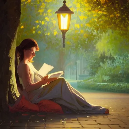 Image similar to hyperrealistic oil painting of a girl reading a book in park, street lighting, extremely fine details, realistic shaded lighting, artgerm, 8 k ultra realistic, highly detailed, art by christopher balaskas, alphonse mucha, craig mullins, alena aenami, laura sava