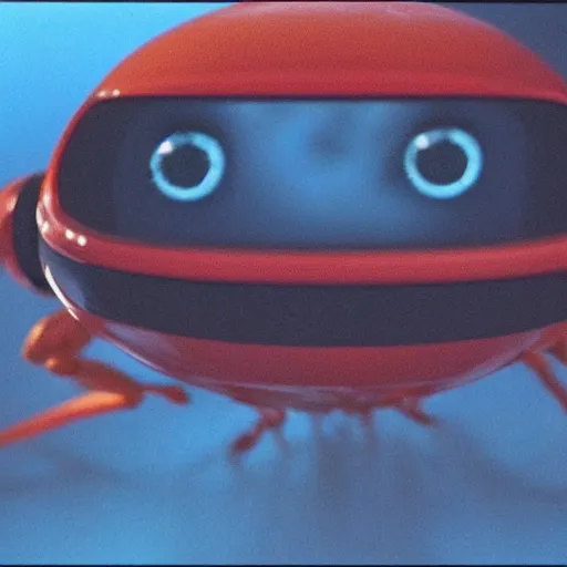 Image similar to film still, baby evil ladybugs, ladybug quadruped with big rgb eyes, huge ladybug mothership, epic road - trip, dramatic lighting, ( e. t. the extra - terrestrial ), batteries not included, harry potter, imax, 7 0 mm.