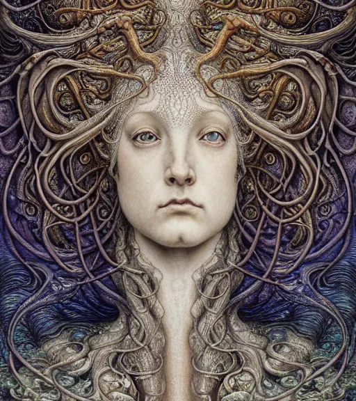 Image similar to detailed realistic beautiful seahorse goddess face portrait by jean delville, gustave dore, iris van herpen and marco mazzoni, art forms of nature by ernst haeckel, art nouveau, symbolist, visionary, gothic, neo - gothic, pre - raphaelite, fractal lace, intricate alien botanicals, ai biodiversity, surreality, hyperdetailed ultrasharp octane render