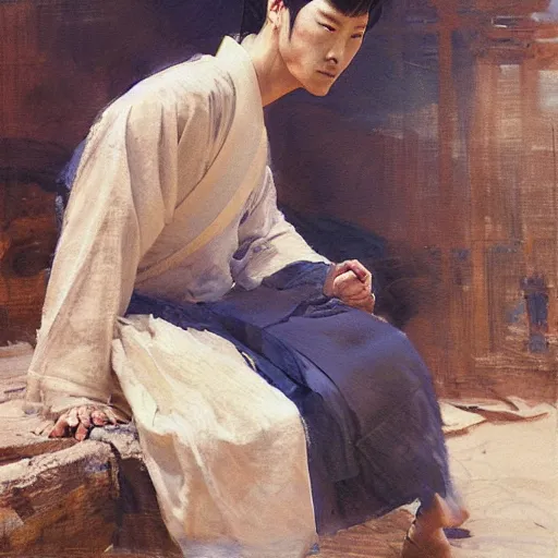 Image similar to a man wearing hanfu, muscular, painting by Gaston Bussiere, Craig Mullins