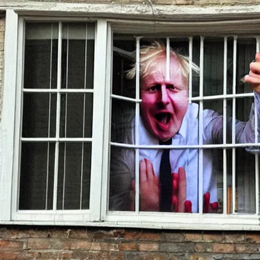 Image similar to a photo taken from the inside of an old house, showing window blinds being pulled back to reveal a terrifying boris johnson with his unhinged face pressed against the window, boris ’ hand placed on the window, horrifying grin. horror, raining, night time