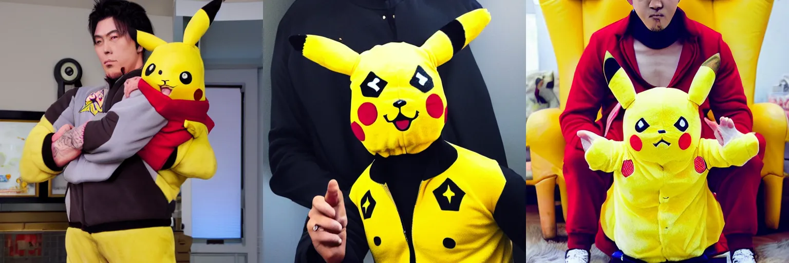 Prompt: kazuma kiryu in a pikachu onesie