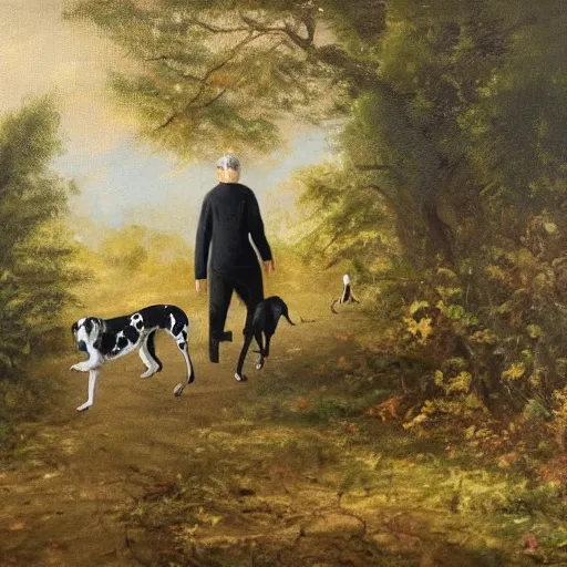 Image similar to granddad and blond curly young grandson walking in french forest with a dalmatian dog with black spots oil painting