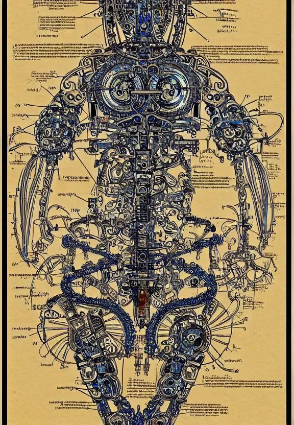 Prompt: schematic blueprint of highly detailed ornate filigreed convoluted ornamented elaborate cybernetic medical equipment, art by da vinci