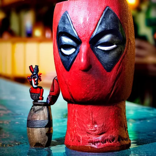 Image similar to a closeup photorealistic photograph of a deadpool style tiki mug sitting at a trader vic's beach bar featuring the face of deadpool. tiki party. bright scene. fine detail. this 4 k hd image is trending on artstation, featured on behance, well - rendered, extra crisp, features intricate detail, epic composition and the style of unreal engine.