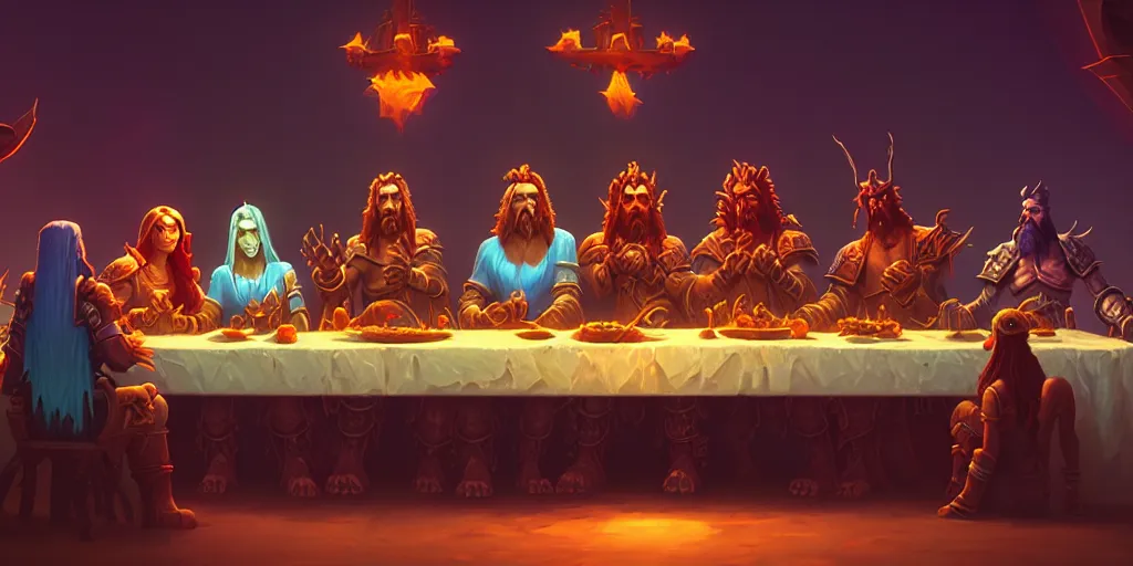 Image similar to world of warcraft last supper by beeple and greg rutkowski, digital painting, trending on artstation, sharp focus, 4 k