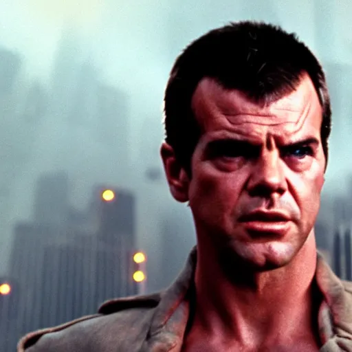 Image similar to young Jack Nicholson as Rick Deckard on blade runner 1982, slightly smiling, wide angle lens, movie still, in color, movie frame, detailed face, symmetrical face, 4k