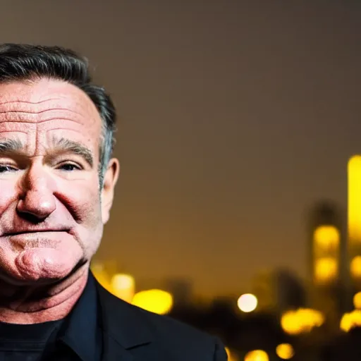 Prompt: a still of Robin Williams. Shallow depth of field. City at night in background, lights, colors ,studio lighting, mood, 4K. Profession photography