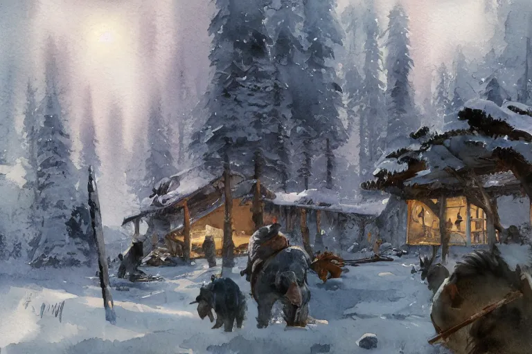 Prompt: small centered on watercolor paper, paint brush strokes, abstract watercolor painting of mammuth in ragnarok at nightfall, winter village, pine trees, viking mythology, cinematic light, american romanticism by hans dahl, by jesper ejsing, by anders zorn, by greg rutkowski, by greg manchess, by tyler edlin