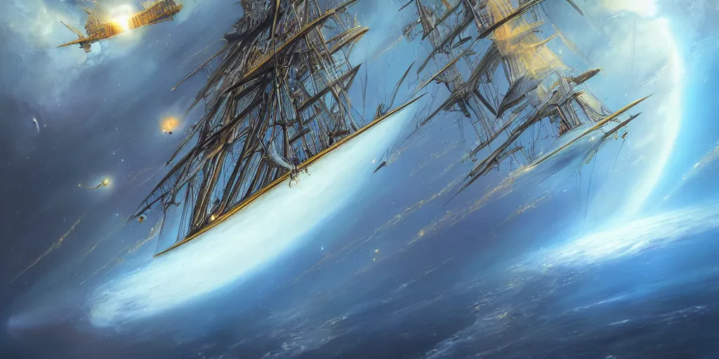 Prompt: Photorealistic epic science fiction painting of one solitary flying tall ship in space, flying past galaxies, by Rodney Matthews and Roger Dean. photorealism, UHD, amazing depth, glowing, golden ratio, 3D octane cycle unreal engine 5, volumetric lighting, cinematic lighting, cgstation artstation concept art