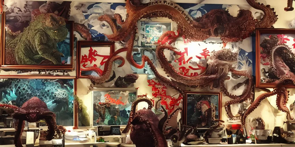 Prompt: photo of chubby godzilla eating octopus monster, in an epic kaiju restaurant willed with framed pictures of past monsters