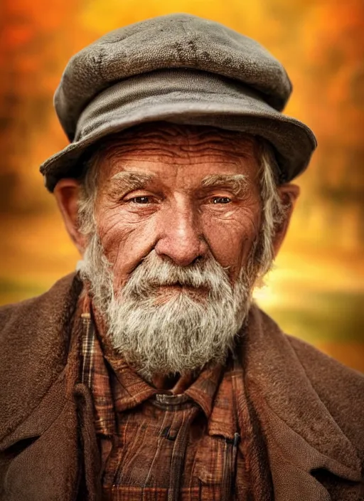 Image similar to realistic renderings portrait of very old fisher man portrait with a hat, port scene background, astonishing scenes, detailed, photorealism, volumetric lighting, autumn lights colors