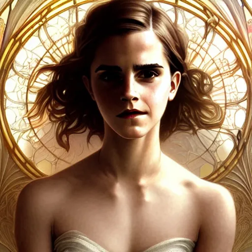 Image similar to beautiful detailed picture of emma watson, radiant light, art nouveau, intricate, elegant, highly detailed, my rendition, digital painting, artstation, concept art, smooth, sharp focus, illustration, art by artgerm and greg rutkowski and alphonse mucha