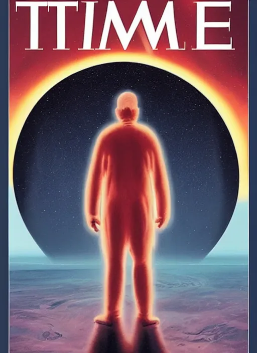 Image similar to the cover of time magazine with a man standing in front of a planet, poster art by Emiliano Ponzi, trending on cg society, private press, sci-fi, elite, cosmic horror