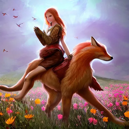 Image similar to girl riding a giant fox in a field of flowers, trending on artstation