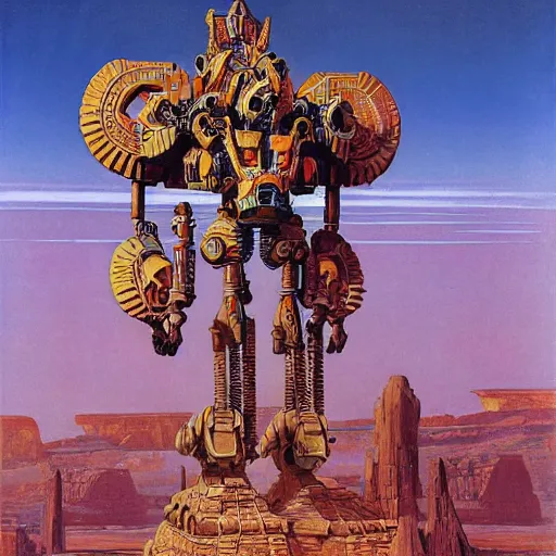 Prompt: elaborate mayan art deco mecha in mesa landscape by j. c. leyendecker, barlowe, makoto kobayashi, and beksinski