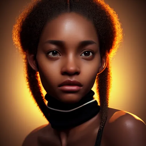 Image similar to a photorealistic hyperrealistic, bright brown eyes, light skinned african young girl, ponytail hair, flawless face, beautiful lips, cute face, black turtle neck shirt, by wlop, artgerm, greg rutwoski, alphonse mucha, beautiful dynamic dramatic low - light moody lighting, cinematic atmosphere, artstation, concept design art, octane render, 8 k