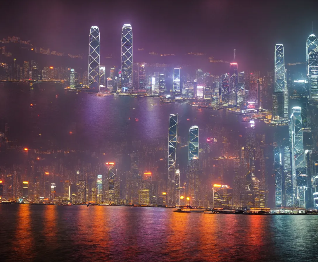 Prompt: hong kong in 2042, night time, rain, surreal atmosphere