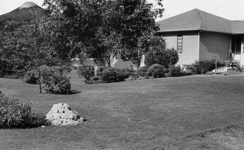 Image similar to suburban house and yard with small volcano erupting in the yard foreground, ground level