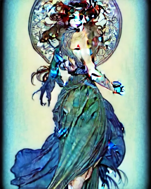 Image similar to in the style of artgerm, arthur rackham, alphonse mucha, phoebe tonkin, symmetrical eyes, symmetrical face, flowing blue skirt, full entire body, hair blowing, intricate filagree, hidden hands, warm colors, cool offset colors