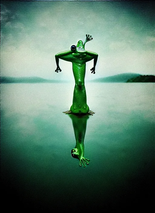 Prompt: “frog unicorn vertically hovering above misty lake waters in jesus christ pose, low angle, long cinematic shot by Andrei Tarkovsky, paranormal, eerie, mystical”