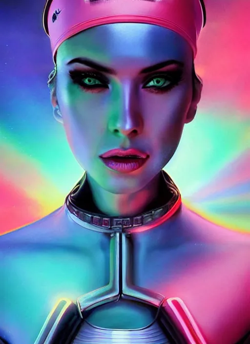 Image similar to gorgeous android woman facial portrait dressed in an aerobic outfit of the eighties with head band, retro, beautiful lights, vintage look, depth of field, hyper realistic, illustration, airbrush, 8 k, intricate, duo tone, art by david la chapelle and philip castle, artgerm