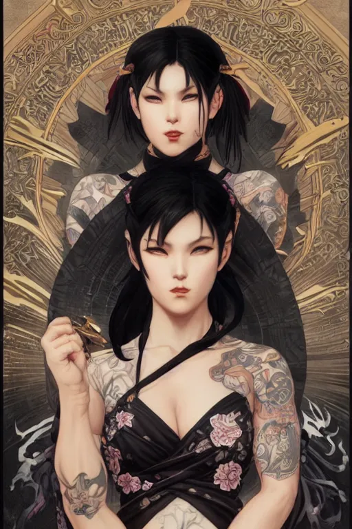 Image similar to portrait of goth Chun Li with yakuza tattoos, Street fighter, intricate, elegant, highly detailed, digital painting, artstation, concept art, smooth, sharp focus, illustration, art by artgerm and greg rutkowski and alphonse mucha and william-adolphe bouguereau