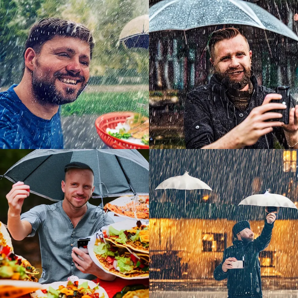 Prompt: estonian dad taking selfie, while its raining tacos, highly detailed, 8k