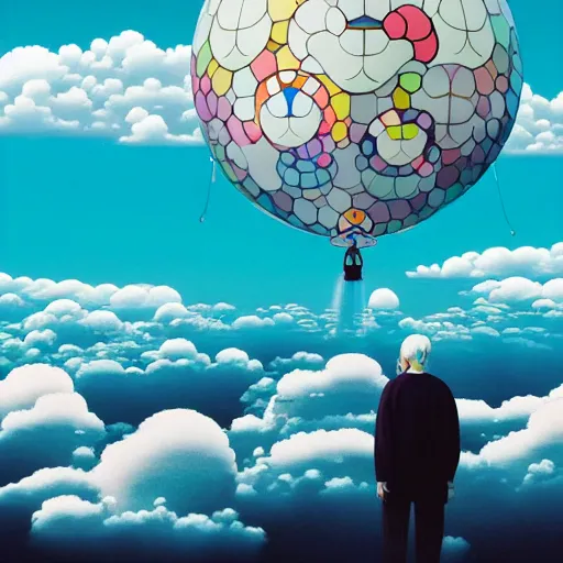 Image similar to a man walking on clouds above kyoto by takashi murakami, beeple and james jean, aya takano color style, 4 k, super detailed