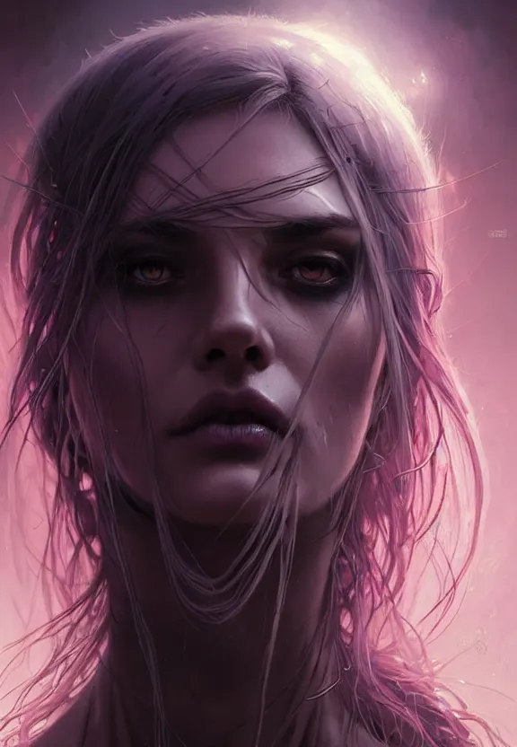 Image similar to Necromancer Sorceress face close-up macro in center, fantasy magic, undercut hairstyle, dark light night, intricate, elegant, sharp focus, illustration, highly detailed, digital painting, concept art, matte, art by WLOP and Artgerm and Greg Rutkowski and Alphonse Mucha, masterpiece