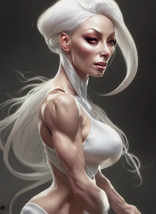 Image similar to portrait of aggressive isabelledeltore, d & d, white, fantasy, intricate, elegant, highly detailed, digital painting, artstation, concept art, smooth, sharp focus, illustration, art by artgerm and greg rutkowski and alphonse mucha