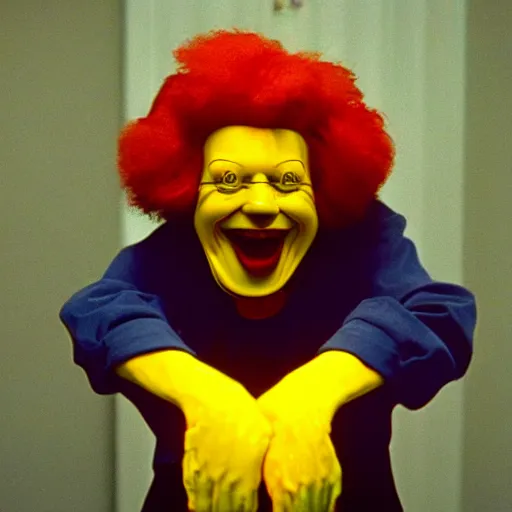 Image similar to creppy 2 0 0 3 photo of ronald mcdonald screaming in a dark room