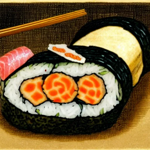 Prompt: a sushi roll in the style of hieronymus bosch