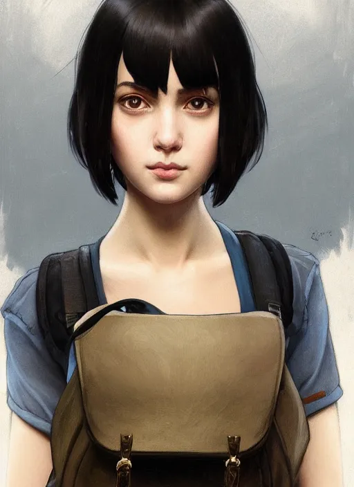 Prompt: Close-up portrait of kind young woman with short black hair in a bob cut, with a backpack, slightly dirty face, portrait, highly detailed, digital painting, artstation, concept art, sharp focus, illustration, art by artgerm and greg rutkowski and alphonse mucha