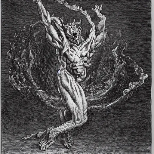 Prompt: full body grayscale drawing by Gustave Dore of horned muscled humanoid demon, engulfed in swirling flames
