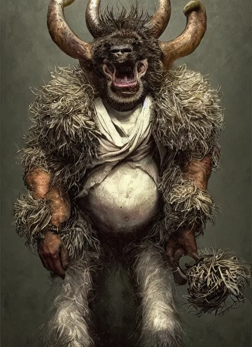 Image similar to a hyper detailed painting of an anthropomorphic joaquin phoenix as the king of animals, cow horns, pig nose, sheep wool, chicken feathers, horror, by anna podedworna, by miklos ligeti, by diego maricato, by taran fiddler, by antonino truisi, by chris reddie, on artstation