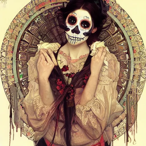 Image similar to realistic detailed painting of a cute Día de los Muertos girl by Alphonse Mucha Ayami Kojima Amano Charlie Bowater HR Giger, masterpiece