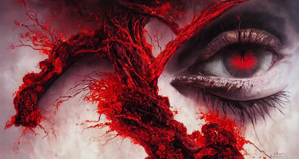 Image similar to a volcano made of ivory vines and crimson rocks enters in eruption, it spits a smoke in the shape of demonic eye, by Karol Bak, by Gainax Co,