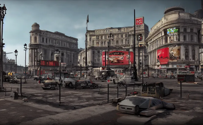 Prompt: Post apocalyptic Picadilly Circus, highly detailed, 4k, unreal engine